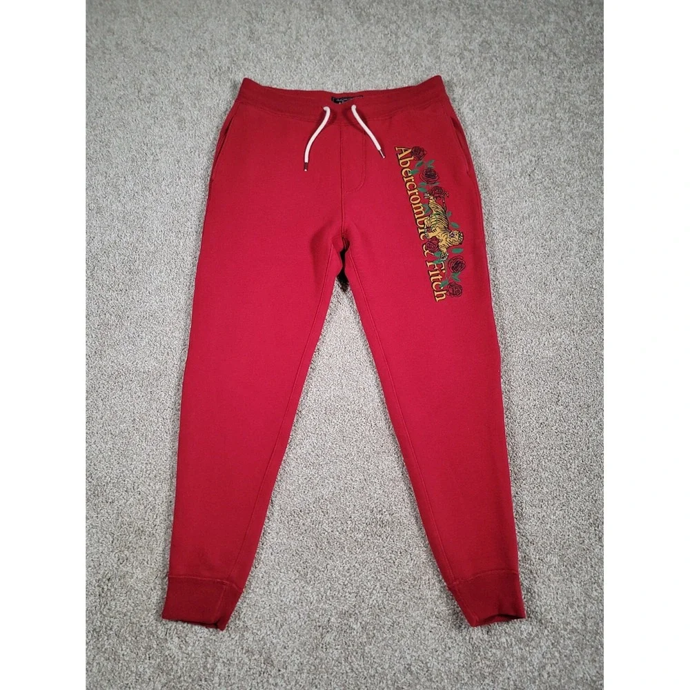 Vintage Y2K Abercrombie & Fitch Jogger Pants Medium Red Mens Embroidered Tiger